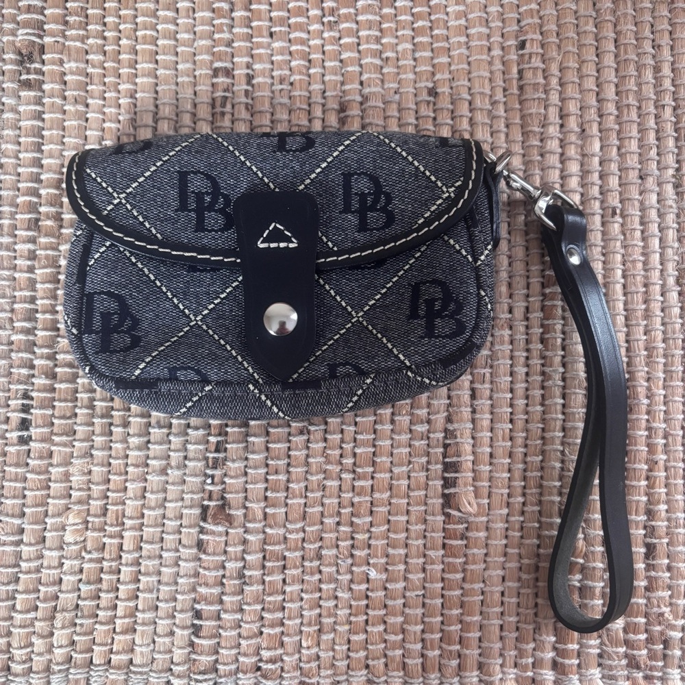 Dooney & Bourke Black Leather Gray Canvas Wristlet Made In USA Vintage 80s 90s